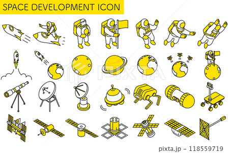 宇宙飛行士や人工衛星などの宇宙開発のシンプルな線画、アイソメイラストセット 宇宙飛行士や人工衛星などの宇宙開発のシンプルな線画、アイソメイラストセット 118559719