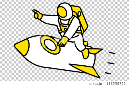 宇宙飛行士がロケットに乗って飛ぶシンプルな線画、アイソメイラスト 118559721