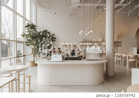 Minimalist coffee shop, white and light beige aesthetic, large round counter with barista station in the middle of the room 118559742
