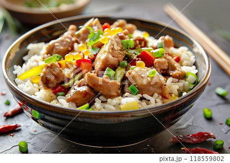 Chicken with rice and vegetables in a bowl on dark background. Chicken with rice and vegetables in a bowl on dark background. 118559802