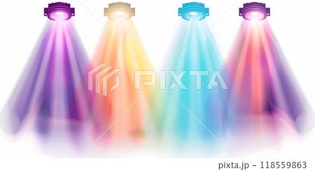 Four spotlights shining light beams in different colors, illustration, white background 118559863