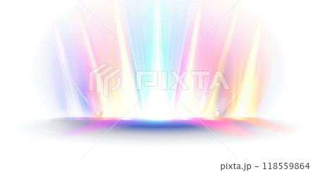 A soft, glowing light beam on a white background with rainbow colors. The beams form an open space for text or product display 118559864