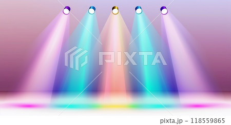 5 pastel colored spotlights on top of the stage, illustration in the style of flat design 118559865