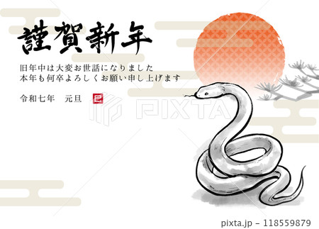 2025年巳年 蛇と日の出の水墨画イラスト 和風年賀状テンプレート