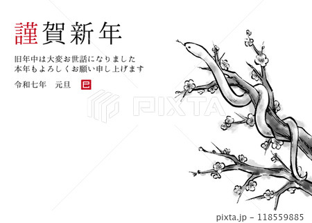2025年巳年　梅の木に巻き付く蛇の水墨画イラスト　和風年賀状テンプレート 118559885
