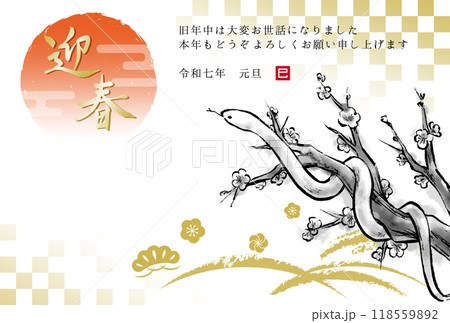 2025年巳年　梅の木に巻き付く蛇と日の出の水墨画イラスト　和風年賀状テンプレート 118559892