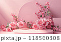 3D rendering of rose flowers and a pink podium for product display or presentation with copy space 118560308