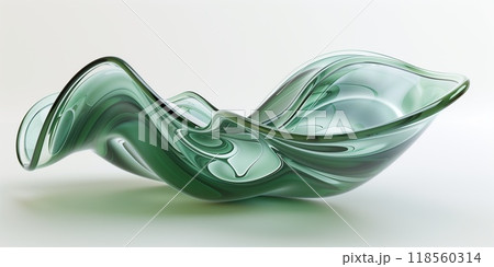 3d render of green glass abstract art in the shape of an elegant, wavy bowl with a smooth and glossy finish 118560314
