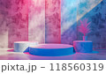 A minimalist scene with three podiums, one blue and two pink, arranged in an artistic pattern against 118560319