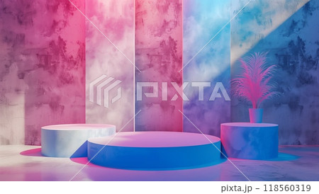 A minimalist scene with three podiums, one blue and two pink, arranged in an artistic pattern against 118560319