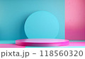 3D render, an abstract minimal background with an empty round podium and copy space in pink and blue colors 118560320