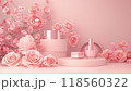 3d rendering of cosmetic product podium with pink rose flowers and peonies on pastel background. 118560322