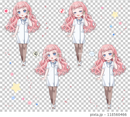 Pink-haired anime-style nurse making a phone call on her smartphone / Set of 4 emotions Pink-haired anime-style nurse making a phone call on her smartphone / Set of 4 emotions 118560466