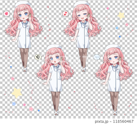 Pink-haired anime-style nurse wearing a nurse cap making a phone call on her smartphone / Set of 4 emotions Pink-haired anime-style nurse wearing a nurse cap making a phone call on her smartphone / Set of 4 emotions 118560467