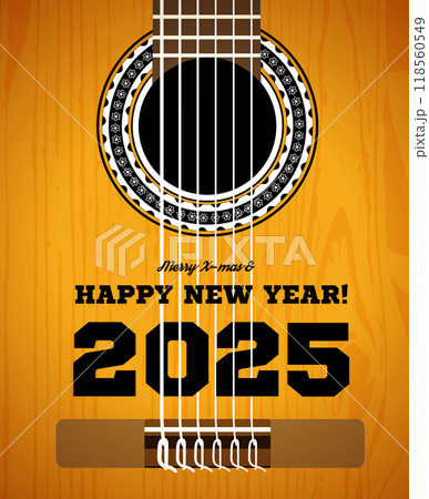 Congratulations on the new year 2025. Classical acoustic guitar close-up. Vector Congratulations on the new year 2025. Classical acoustic guitar close-up. Vector 118560549