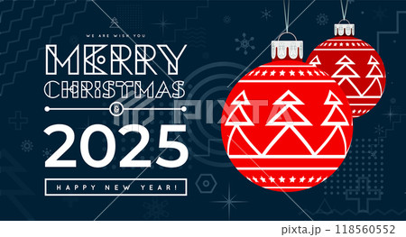 Congratulations on the New Year 2025 on the background of Christmas tree balls. Vector illustration 118560552