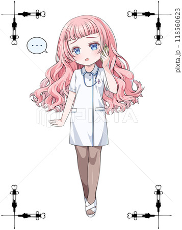 スマホで電話をかけるピンク髪のアニメ風看護師／アンティーク注射器のコーナー飾り罫つき 118560623