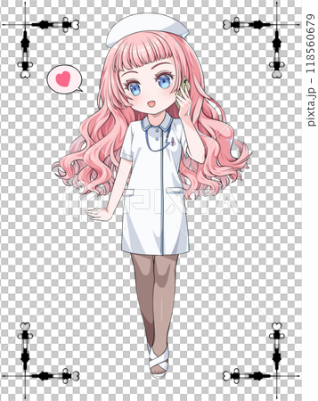 Pink-haired anime-style nurse wearing a nurse cap making a phone call on her smartphone / with decorative border of antique syringe 118560679
