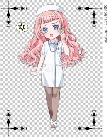 Pink-haired anime-style nurse wearing a nurse cap making a phone call on her smartphone / with decorative border of antique syringe 118560680