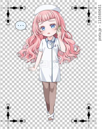 Pink-haired anime-style nurse wearing a nurse cap making a phone call on her smartphone / with decorative border of antique syringe 118560681