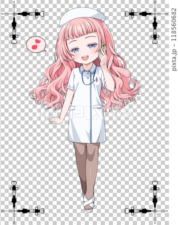 Pink-haired anime-style nurse wearing a nurse cap making a phone call on her smartphone / with decorative border of antique syringe 118560682