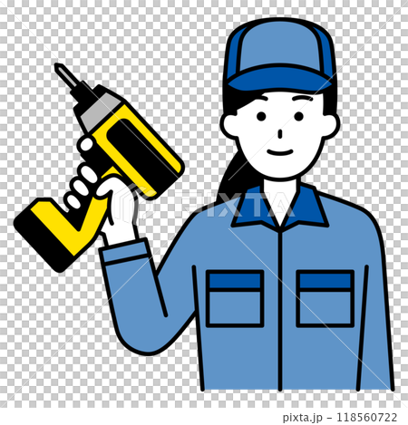 インパクトドライバーを持つつなぎ作業服の女性 インパクトドライバーを持つつなぎ作業服の女性 118560722