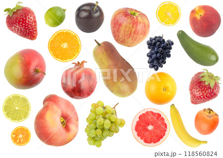 Bright juicy fruits, vegetables, berries isolated on white Bright juicy fruits, vegetables, berries isolated on white 118560824