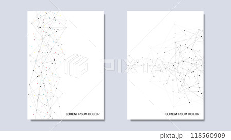 Vector illustration of minimalist design with connecting the dots and lines. Abstract geometric background of science and technology concept. Template for cover brochure, layout, flyer, book, banner. 118560909