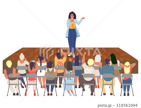 Young woman holding public speech on rural stage Young woman holding public speech on rural stage 118561094