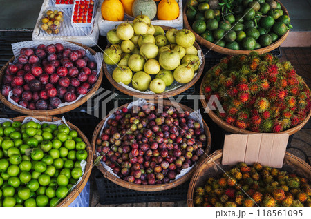 assortment of various tropical exotic fruits at street market in Thailand in Asia 118561095