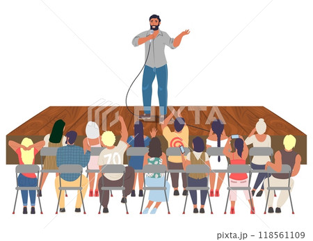 Man performing with public speech on wooden rural stage 118561109