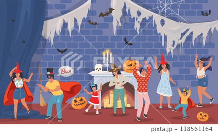 Happy people enjoying halloween party celebration scene Happy people enjoying halloween party celebration scene 118561164