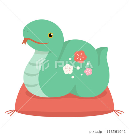 緑の巳の置物と座布団　年賀状素材2025 118561941