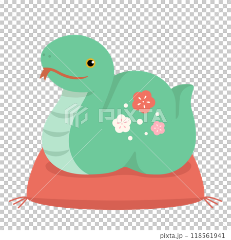 緑の巳の置物と座布団　年賀状素材2025 118561941