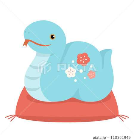 水色の巳の置物と座布団 年賀状素材2025 水色の巳の置物と座布団 年賀状素材2025 118561949