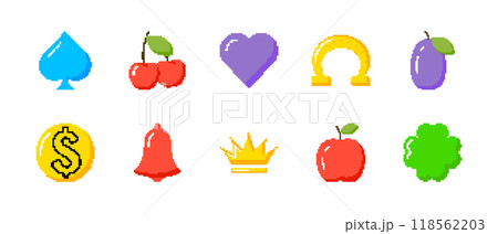 Pixelated slot machine symbols illustration. Collection pixel art symbols cherries, hearts, and 118562203