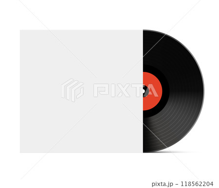 Vinyl record partially in sleeve. Classic black vinyl disk with red label partially inside a blank 118562204