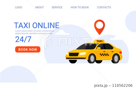 Online taxi booking service. Yellow taxi car with location pin and booking button for 24-7 service Online taxi booking service. Yellow taxi car with location pin and booking button for 24-7 service 118562206