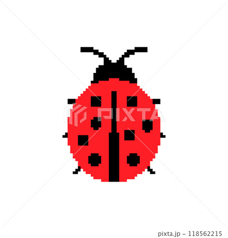 Pixelated ladybug. Simple pixel art red ladybug with black spots and antennae. Pixelated ladybug. Simple pixel art red ladybug with black spots and antennae. 118562215