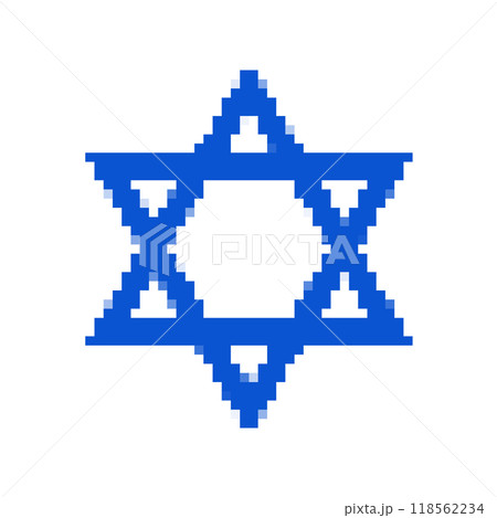 Pixel art Star of David in blue. Minimalistic Star of David design in retro pixelated style. Pixel art Star of David in blue. Minimalistic Star of David design in retro pixelated style. 118562234
