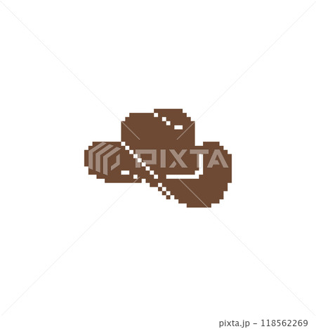 Pixelated cowboy hat icon. Retro-style brown cowboy hat graphic pixel art design. Pixelated cowboy hat icon. Retro-style brown cowboy hat graphic pixel art design. 118562269