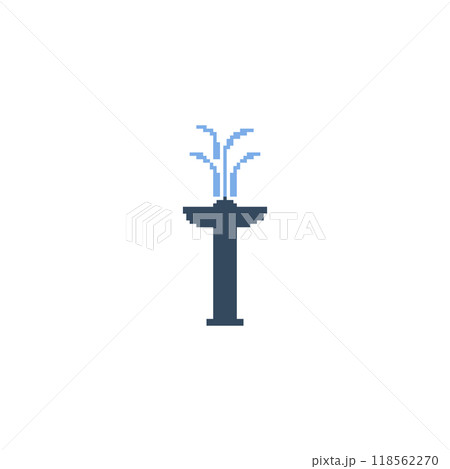 Pixelated water fountain icon. Simple pixel art black fountain with blue water jets. 118562270