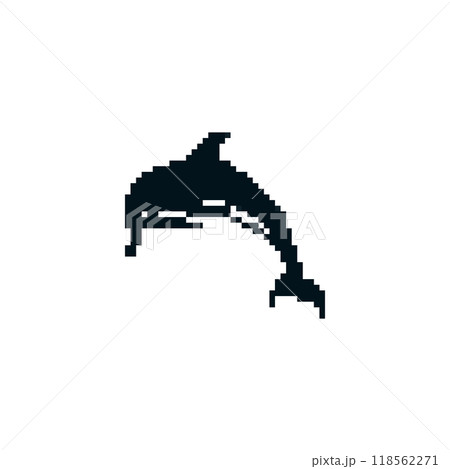 Pixel art black dolphin silhouette. Minimalistic dolphin icon in pixelated retro style. Pixel art black dolphin silhouette. Minimalistic dolphin icon in pixelated retro style. 118562271