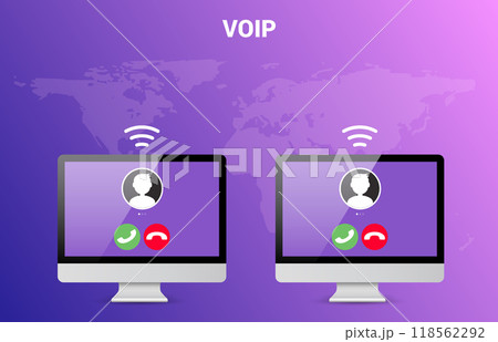 VoIP communication technology concept. Voice over Internet Protocol call on computer screens digital 118562292