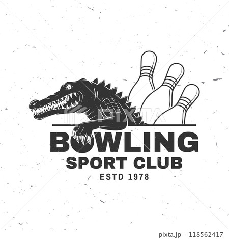 Bowling sports club logo, badge design. Vintage design with crocodile and bowling ball silhouette. Vector. 118562417