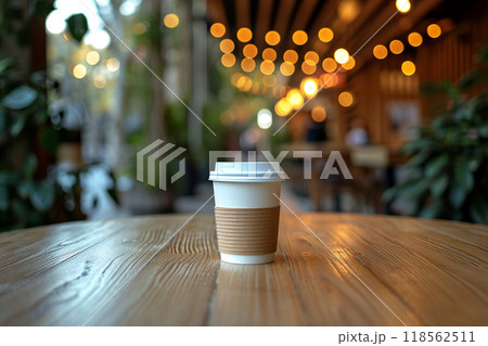 Paper cup of coffee or tea with a plastic lid on a wooden table with a blurred cafe or cafe background. Grab a cup of coffee. Empty copy space for your design text or brand banner Paper cup of coffee or tea with a plastic lid on a wooden table with a blurred cafe or cafe background. Grab a cup of coffee. Empty copy space for your design text or brand banner 118562511