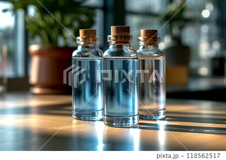 Three bottles with corks stood neatly on the table. An aesthetic painting of three glass vessels skillfully crafted from sealed cork. Mockup. Blurred background with three small transparent containers Three bottles with corks stood neatly on the table. An aesthetic painting of three glass vessels skillfully crafted from sealed cork. Mockup. Blurred background with three small transparent containers 118562517