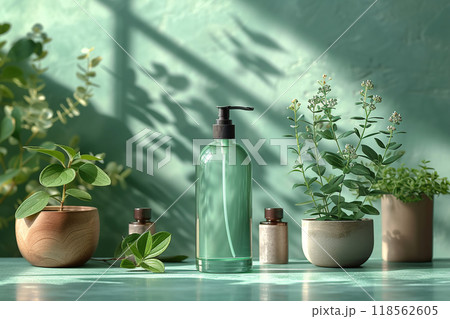 Light green glass dispenser bottle with natural shampoo. Pots with plants and jars of sea salt in the background. Shampoo or shower gel in a light green bottle. Space for text. Mockup. Banner 118562605