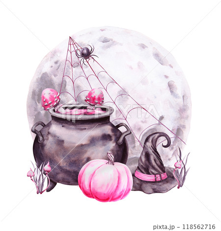 Full Moon, pink pumpkin, black witch hat, cauldron with potion and poisonous mushrooms, fly agaric, spider on web. Symbol of magic, Halloween, Sabbath. Watercolor hand drawn cut out isolated clipart Full Moon, pink pumpkin, black witch hat, cauldron with potion and poisonous mushrooms, fly agaric, spider on web. Symbol of magic, Halloween, Sabbath. Watercolor hand drawn cut out isolated clipart 118562716