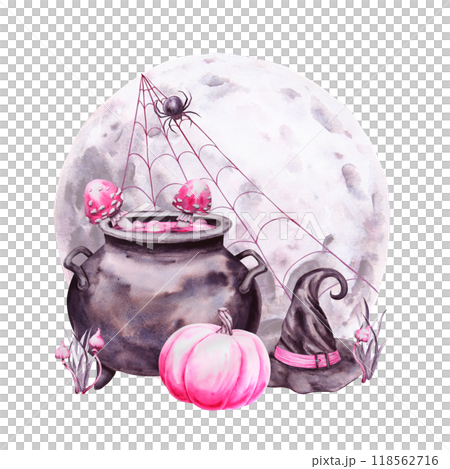 Full Moon, pink pumpkin, black witch hat, cauldron with potion and poisonous mushrooms, fly agaric, spider on web. Symbol of magic, Halloween, Sabbath. Watercolor hand drawn cut out isolated clipart 118562716